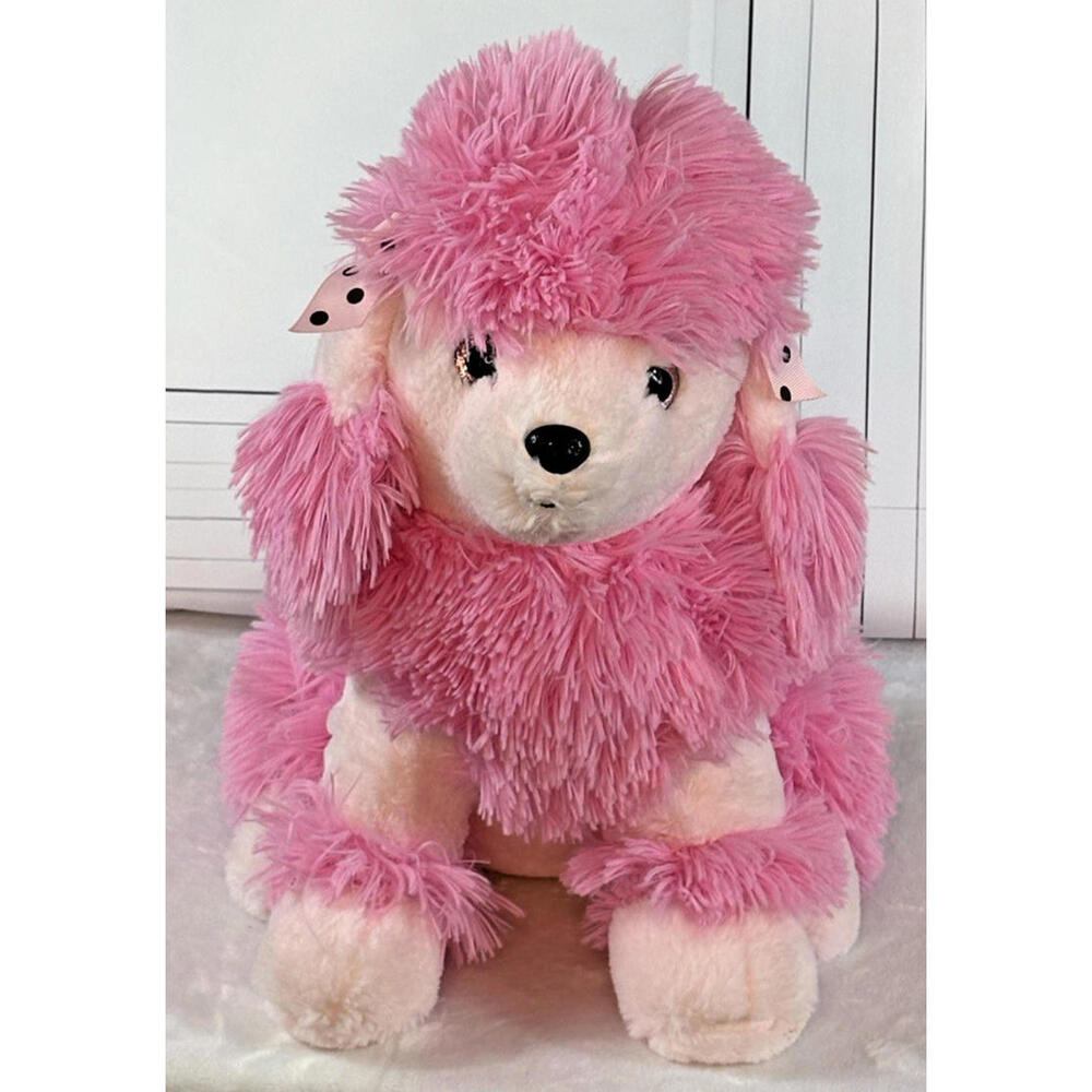 Hugfun Pink Poodle Dog Plush Stuffed Animal Polka Dot Bow 14" Clean/Smoke Free